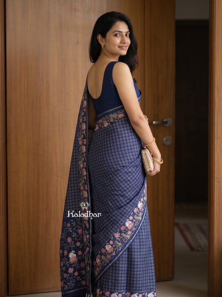 Tussar fancy saree allover checks with embroidery border and attached blouse