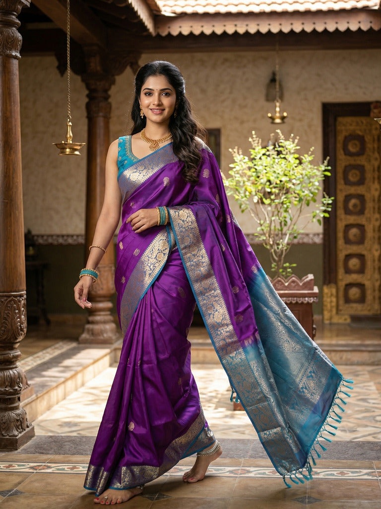 Kanchi pattu saree dark purple color allover zari motifs & zari border with rich pallu and contrast plain blouse