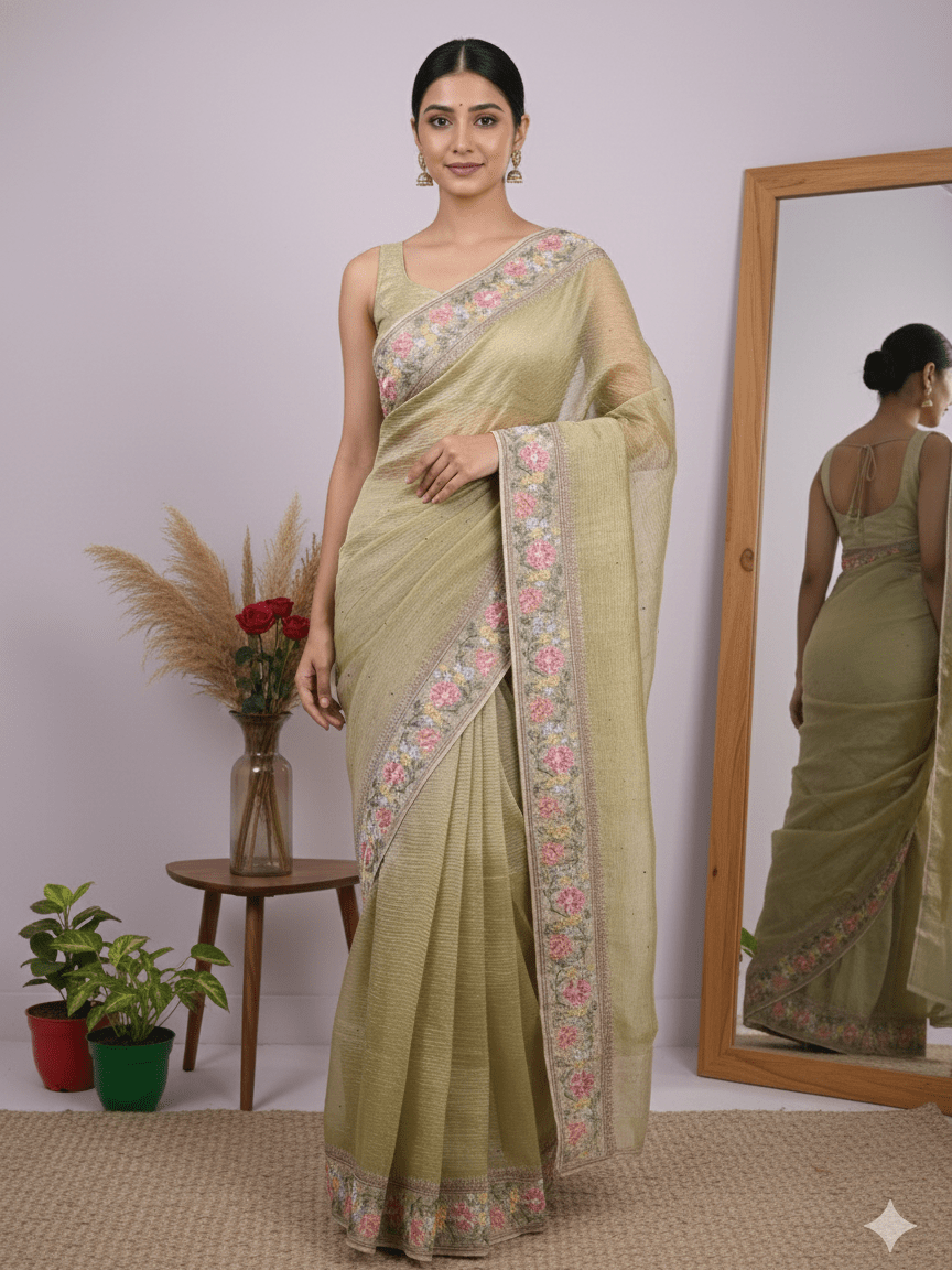 Tissue crush fancy saree light olive green color allover plain & embroidery border with running pallu and printed blouse