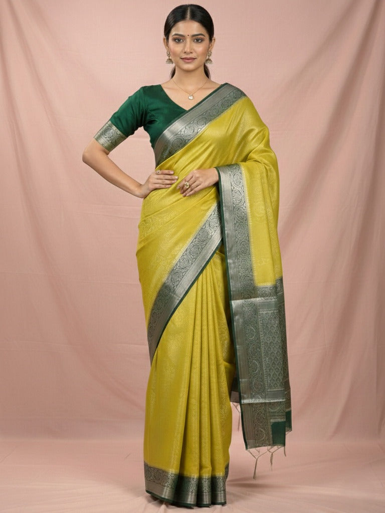 Georgette fancy saree yellowish green color allover weaves & zari border with rich pallu and plain blouse