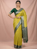 Georgette fancy saree yellowish green color allover weaves & zari border with rich pallu and plain blouse