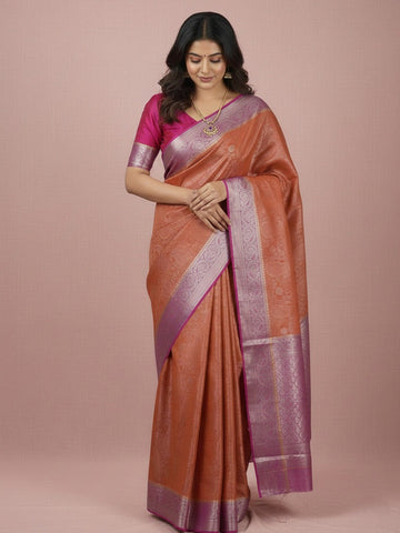 Georgette fancy saree orange color allover weaves & zari border with rich pallu and plain blouse