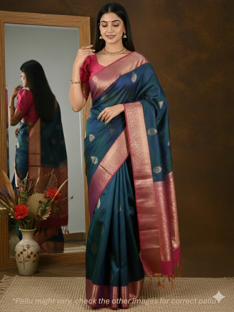 Kanchi pattu saree navy blue color allover zari motifs & zari border with rich pallu and contrast plain blouse