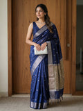 Chanderi fancy saree with allover zari motifs & zari border with zari pallu and attached self blouse