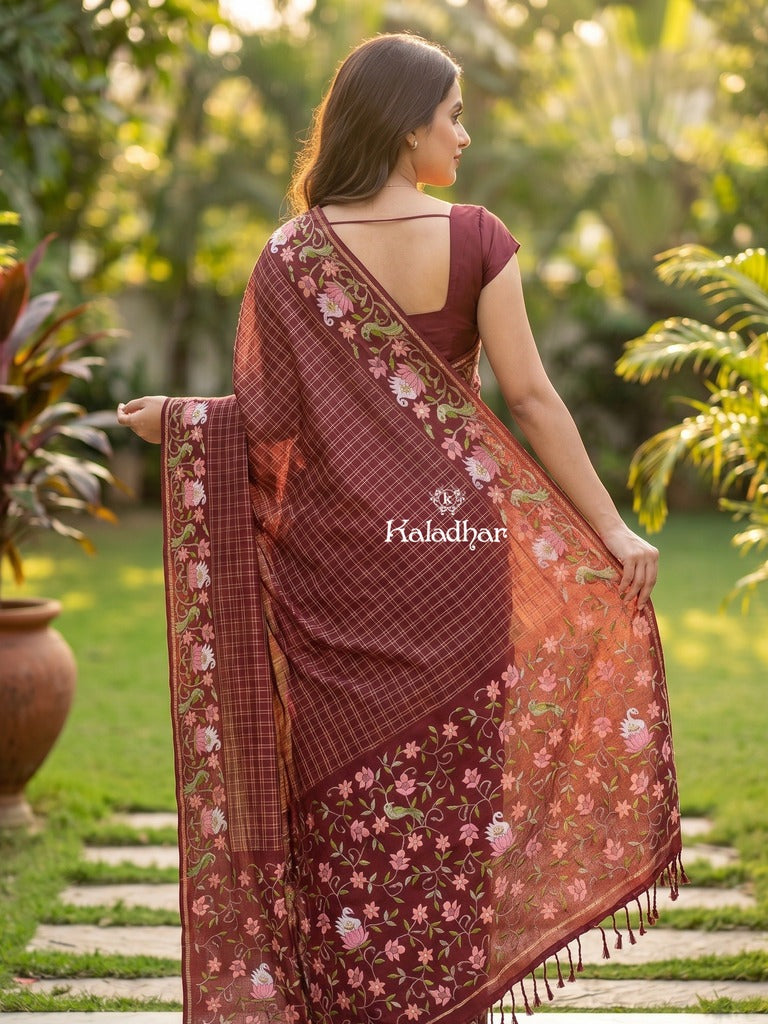 Tussar fancy saree allover checks with embroidery border and attached blouse