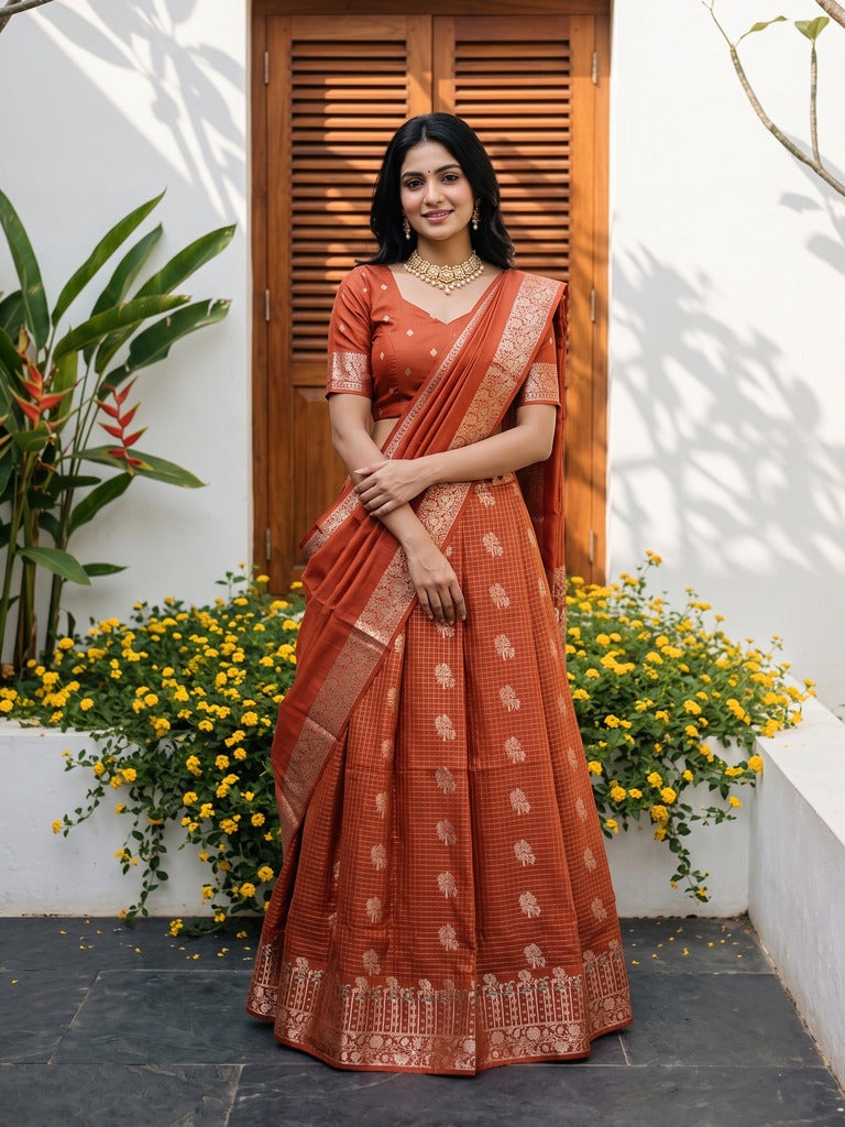 Chiniya silk lehenga set with blouse & dupatta | red | unstitched | party wear