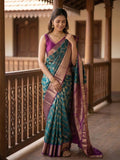 Kanchi pattu saree peacock blue color allover zari weaves & zari border with rich pallu and contrast plain blouse