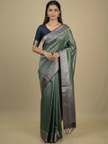 Georgette fancy saree pista green color allover weaves & zari border with rich pallu and plain blouse