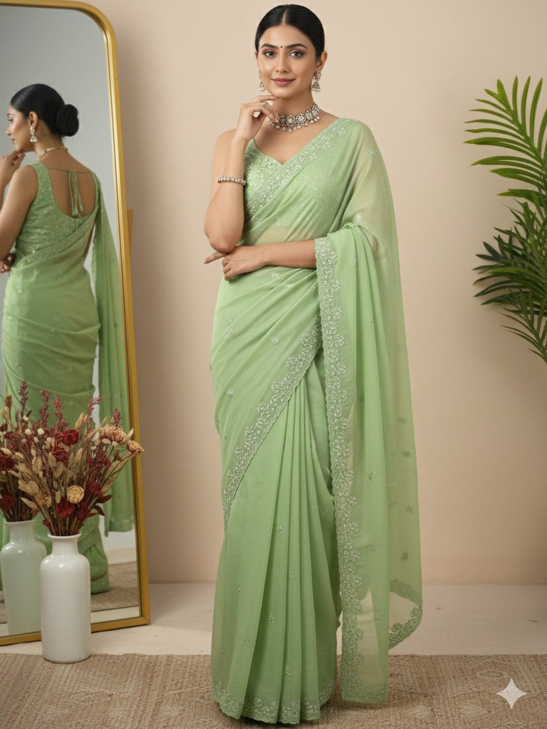 Organza fancy saree light pista green color allover embroidered motifs & cutwork border with running pallu and self blouse