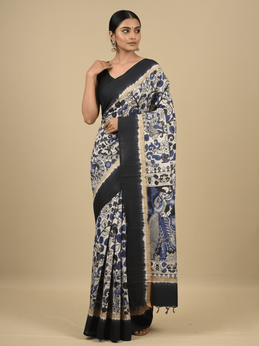 Kalamkari silk saree in white, featuring a contrast color border and plain matching blouse