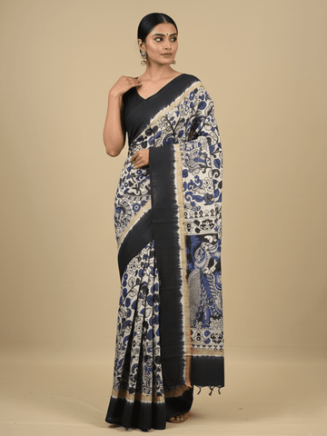 Kalamkari silk saree in white, featuring a contrast color border and plain matching blouse