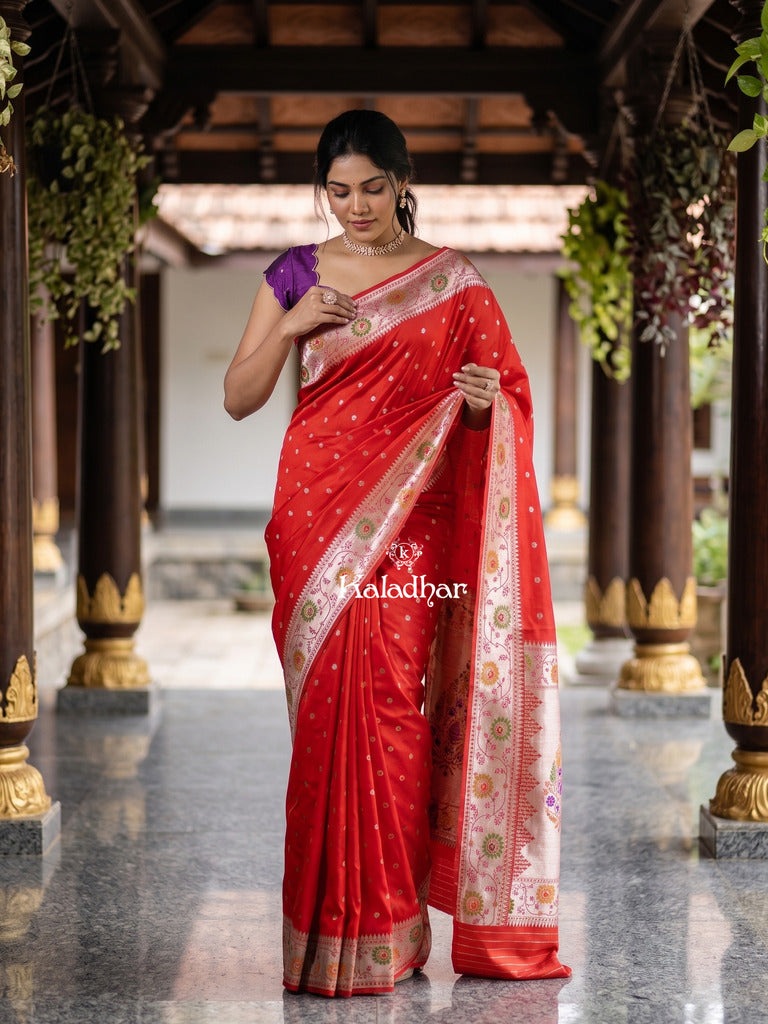 Banaras Silk Saree for Women | dark pink | Party Wear | Paithani Border