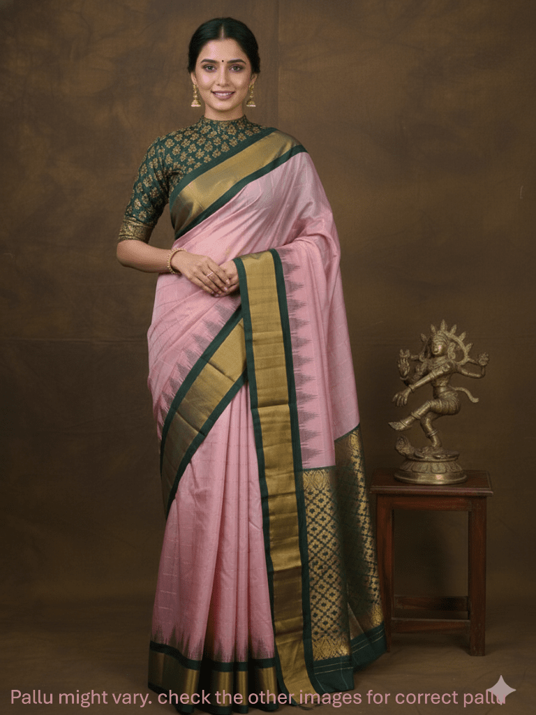 Gadwal pattu saree baby pink color allover zari weaves & kanchi border with rich pallu and contrast plain blouse