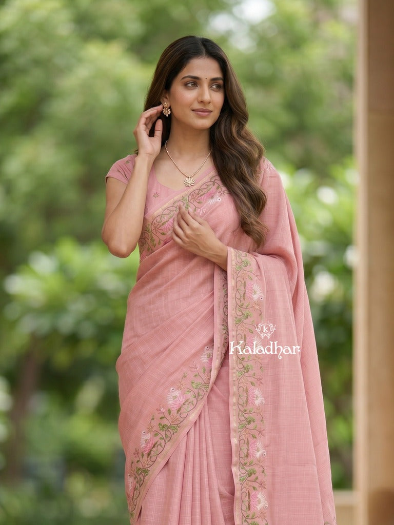 Tussar fancy saree allover checks with embroidery border and attached blouse