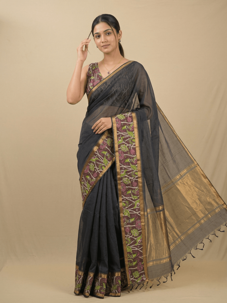 Kalamkari cotton saree with kalamkari border and kalamkari blouse