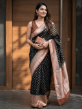 Georgette fancy saree black color allover zari motifs & zari border with rich pallu and attached plain blouse