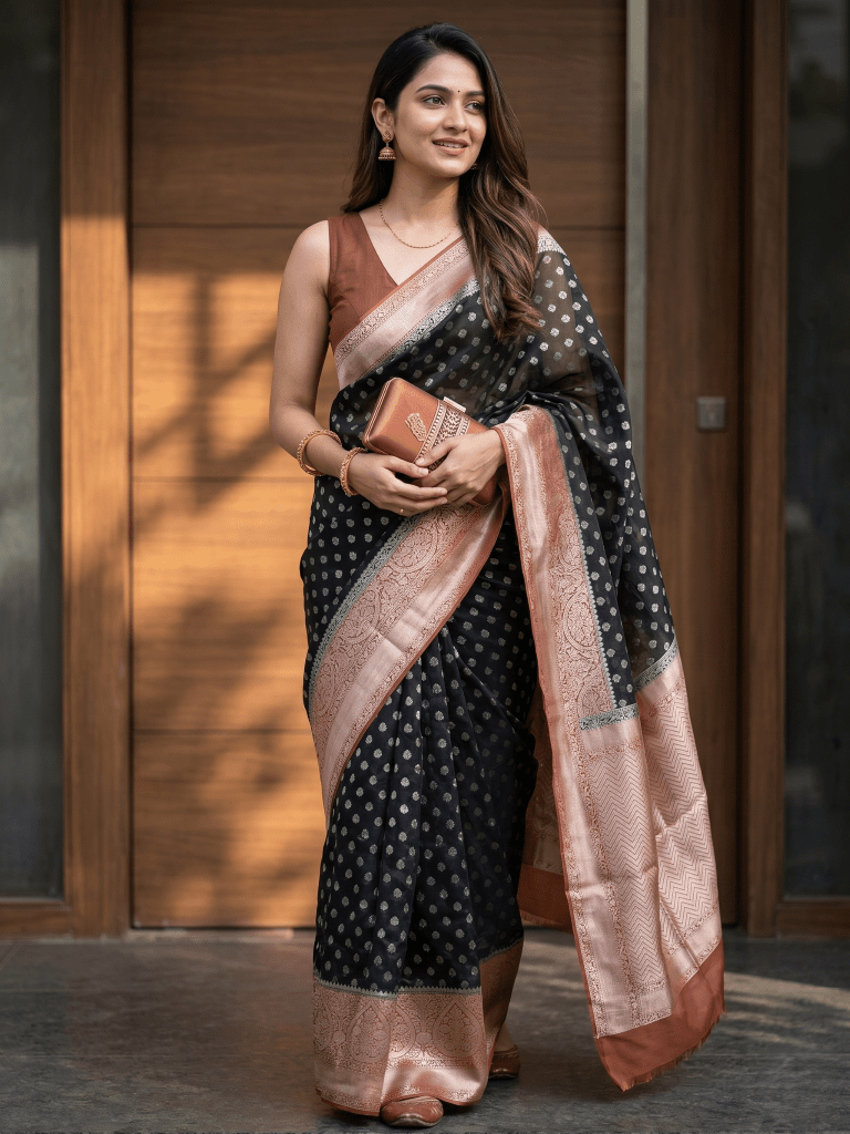 Georgette fancy saree black color allover zari motifs & zari border with rich pallu and attached plain blouse