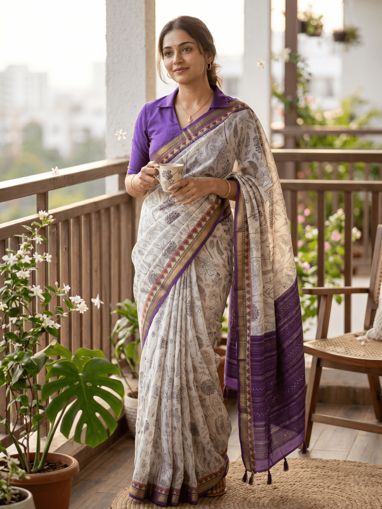 Maheshwari fancy saree in white color with allover prints & zari border with short pallu and contrast blouse