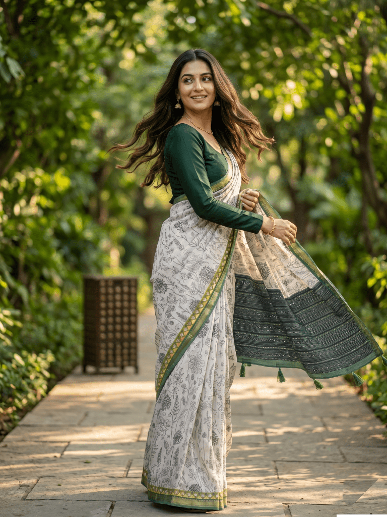 Maheshwari fancy saree in white color with allover prints & zari border with short pallu and contrast blouse