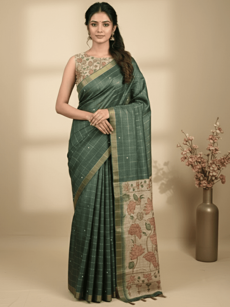 Tussar fancy saree dark green color allover checks, mirror work with short zari border with printed pallu and blouse