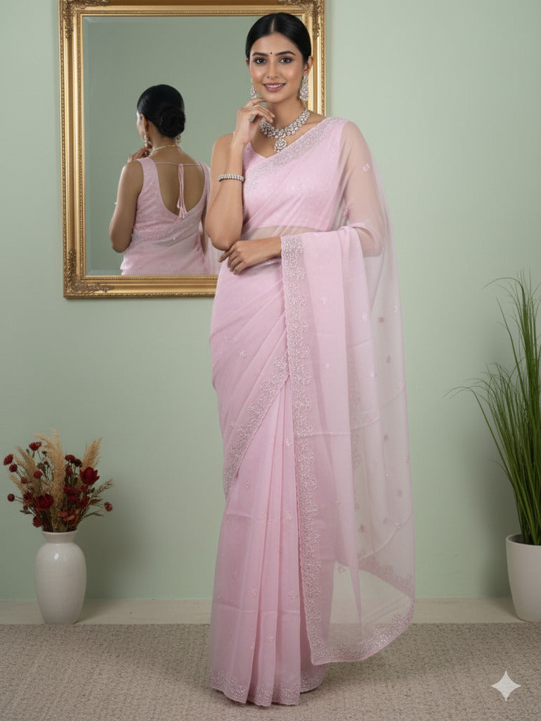 Organza fancy saree light pastel purple color allover embroidered motifs & cutwork border with running pallu and self blouse