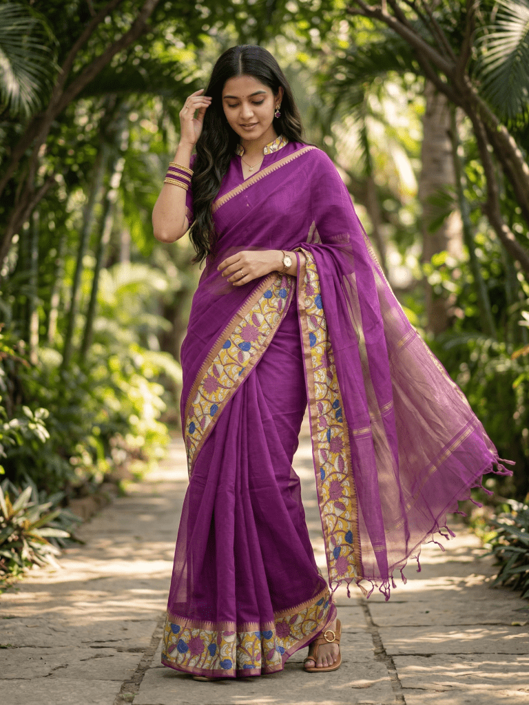 Kalamkari cotton saree with kalamkari border and kalamkari blouse