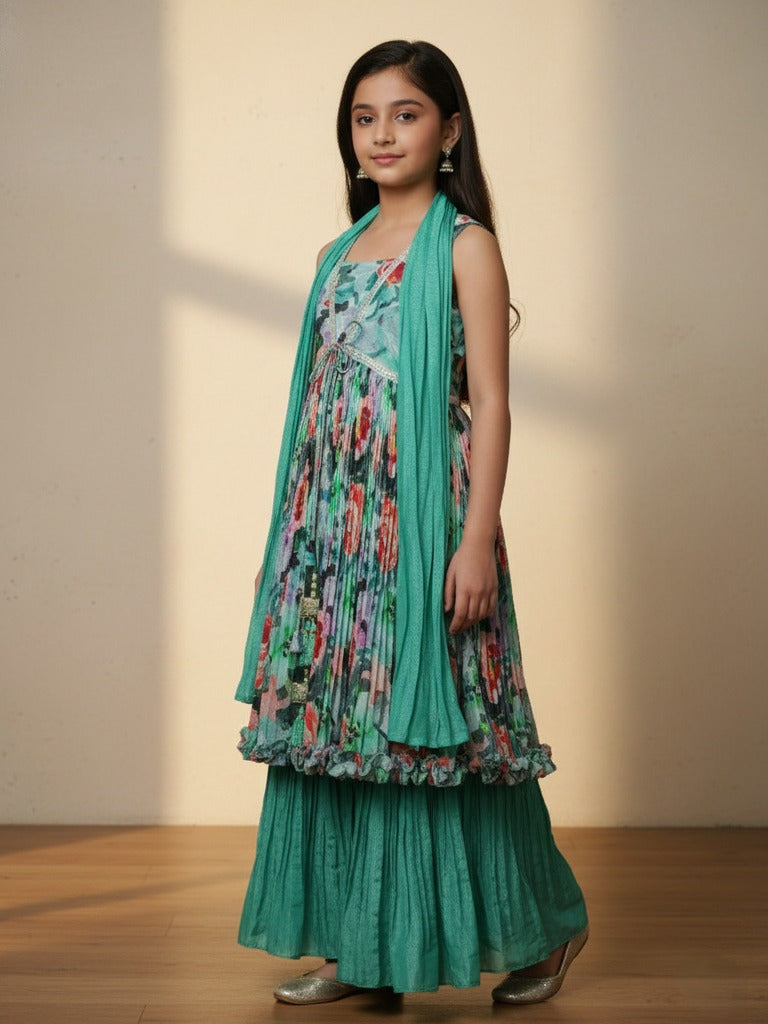 Chinnon green floral sharara set for kids | Pretty party & festive outfit