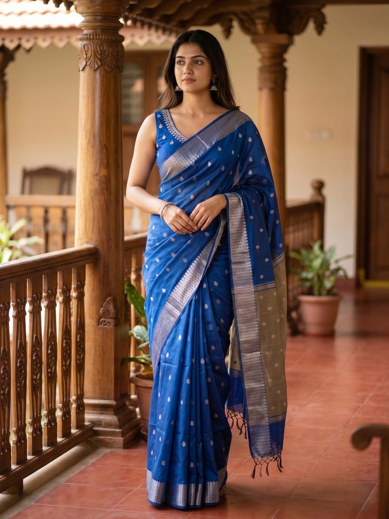 Chanderi fancy saree with allover zari motifs & zari border with zari pallu and attached self blouse