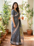 Chanderi fancy saree with allover zari motifs & zari border with zari pallu and attached self blouse