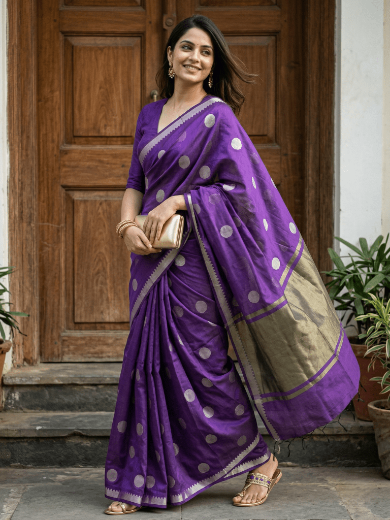 Maheshwari fancy saree in violet color allover zari motifs & zari border with zari and plain blouse