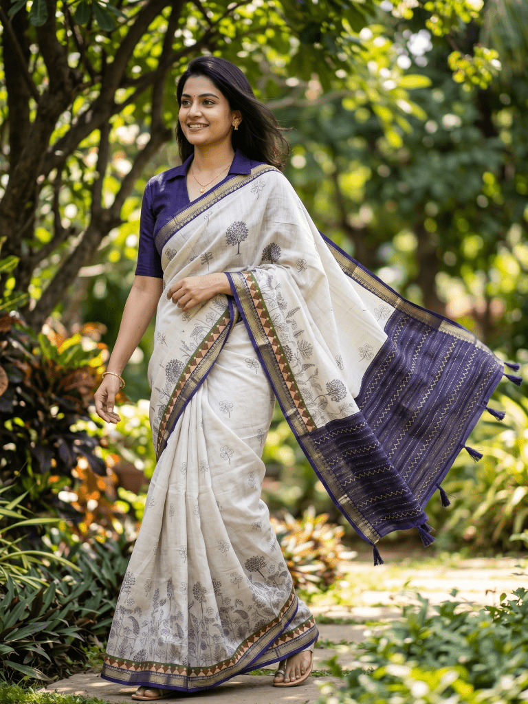 Maheshwari fancy saree in white color with allover prints & zari border with short pallu and contrast blouse