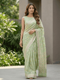 Chanderi fancy saree in light green color allover weaves & zari border with brocade pallu and brocade blouse