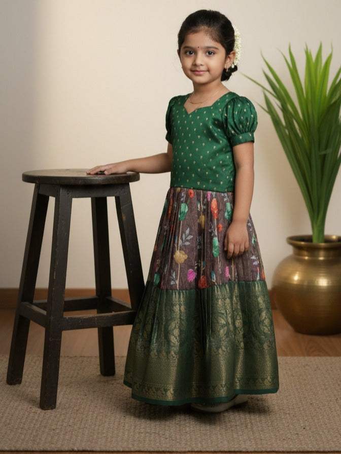 Banaras green color printed croptop lehenga for kids | Made for little twirls