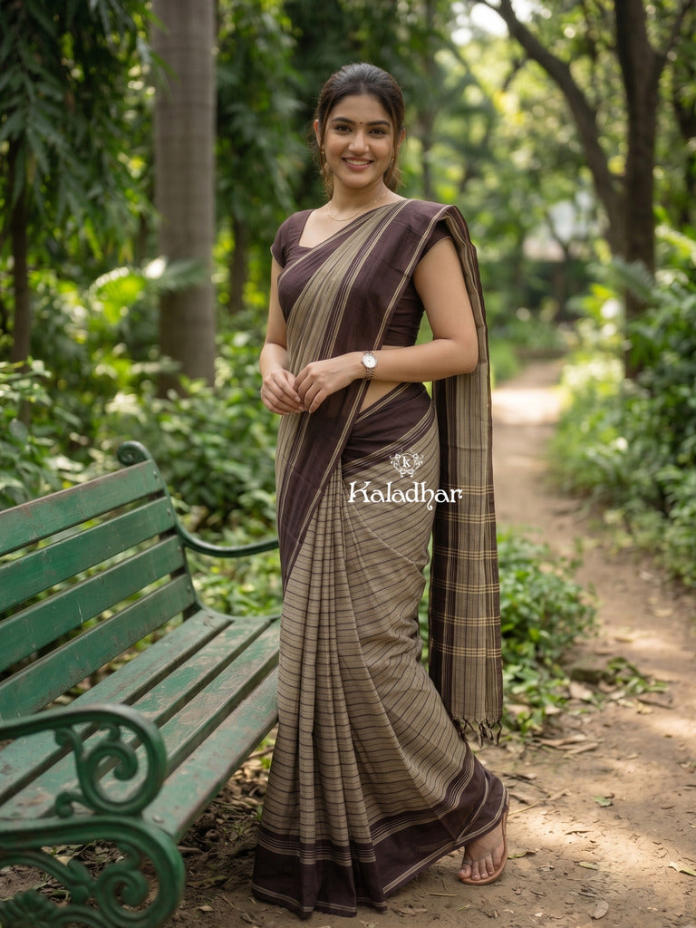 Kanchi cotton saree for women | light pink | allover stripes | running blouse
