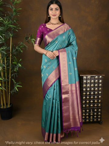 Kanchi pattu saree sky blue color allover zari motifs & zari border with rich pallu and contrast plain blouse