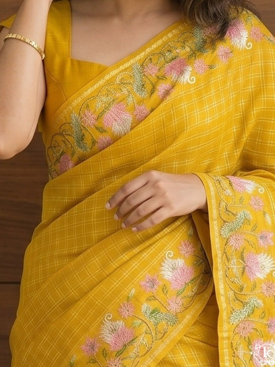 Tussar fancy saree allover checks with embroidery border and attached blouse