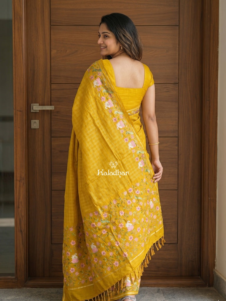Tussar fancy saree allover checks with embroidery border and attached blouse