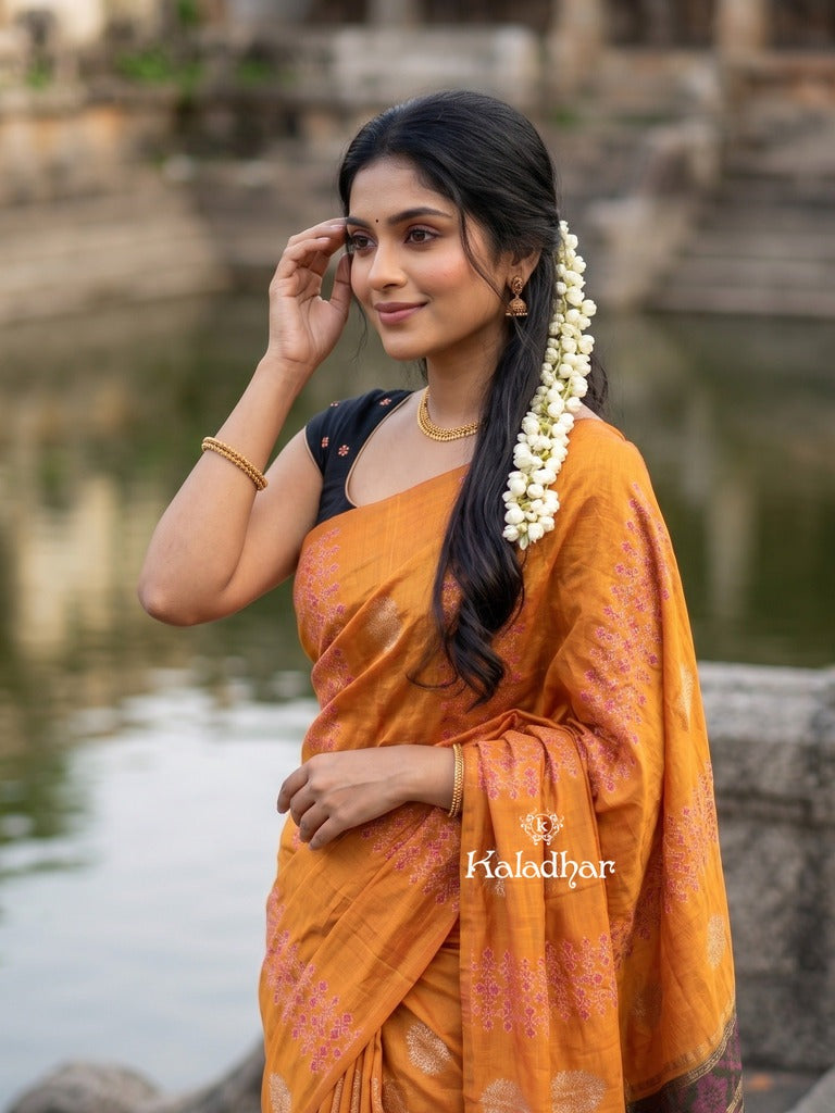 Dupion fancy saree for women | rust orange | allover weaves | party wear