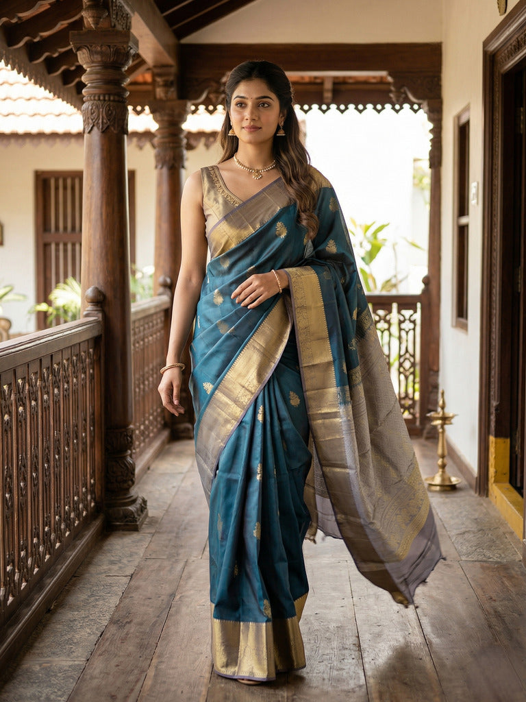 Kanchi pattu saree peacock green color allover zari motifs & zari border with rich pallu and contrast plain blouse