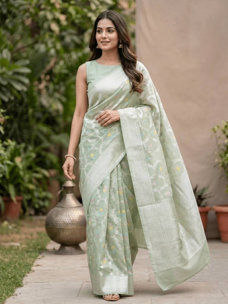Chanderi fancy saree in light green color allover weaves & zari border with brocade pallu and brocade blouse
