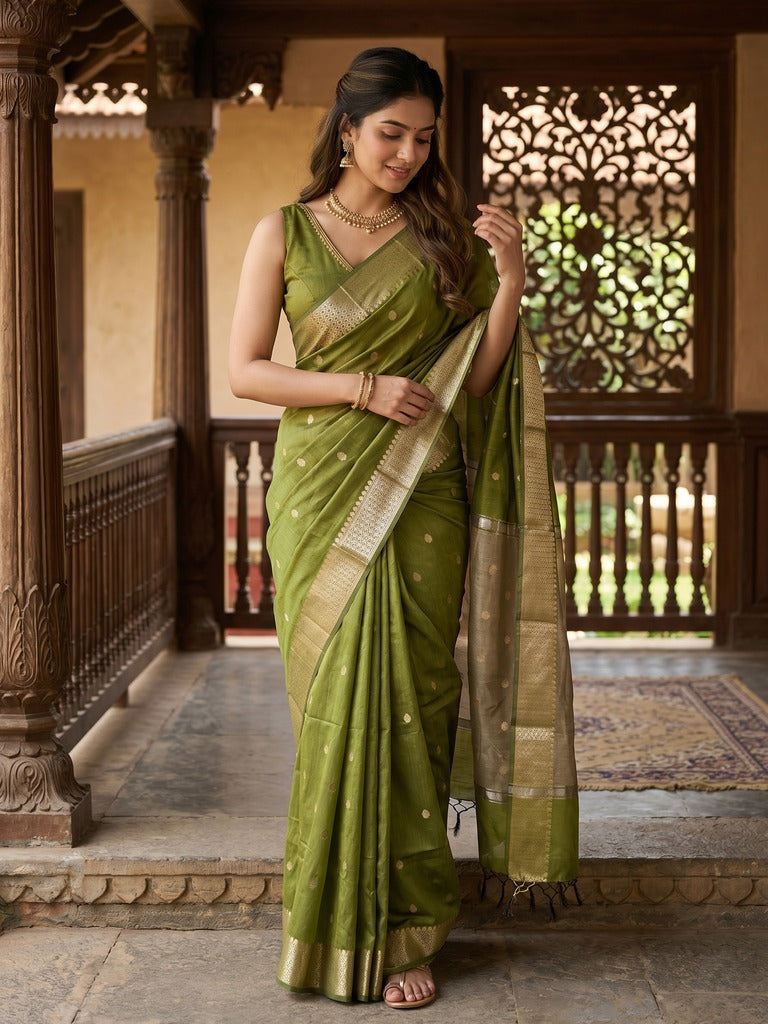 Chanderi fancy saree with allover zari motifs & zari border with zari pallu and attached self blouse