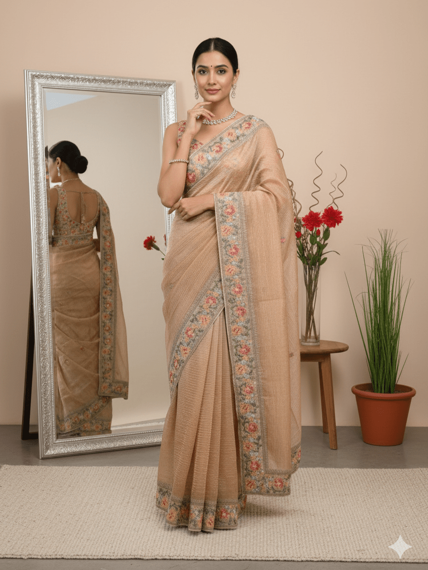 Tissue crush fancy saree light beige color allover plain & embroidery border with running pallu and printed blouse