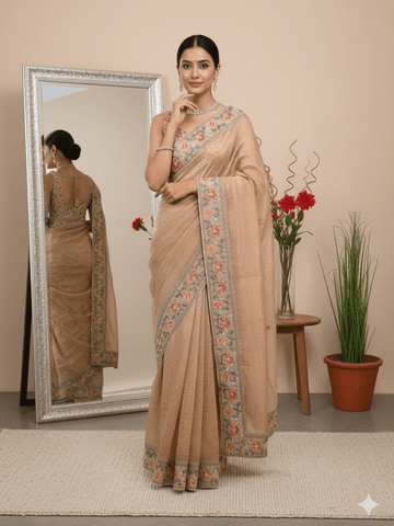 Tissue crush fancy saree light beige color allover plain & embroidery border with running pallu and printed blouse