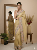 Tissue crush fancy saree light yellow color allover plain & embroidery border with running pallu and printed blouse