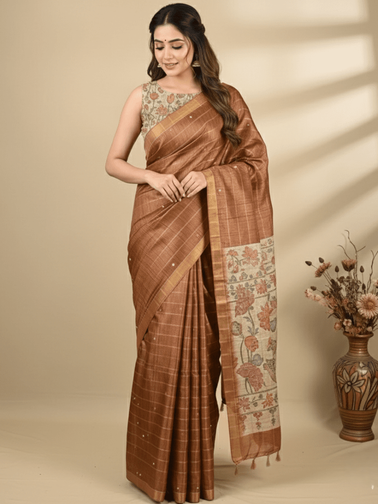 Tussar fancy saree brown color allover checks, mirror work with short zari border with printed pallu and blouse