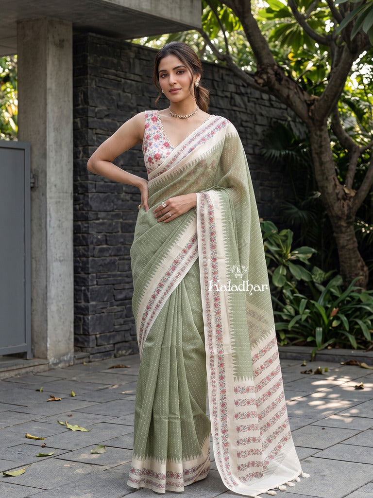 Tussar fancy saree for women | Pista green | floral border | party wear