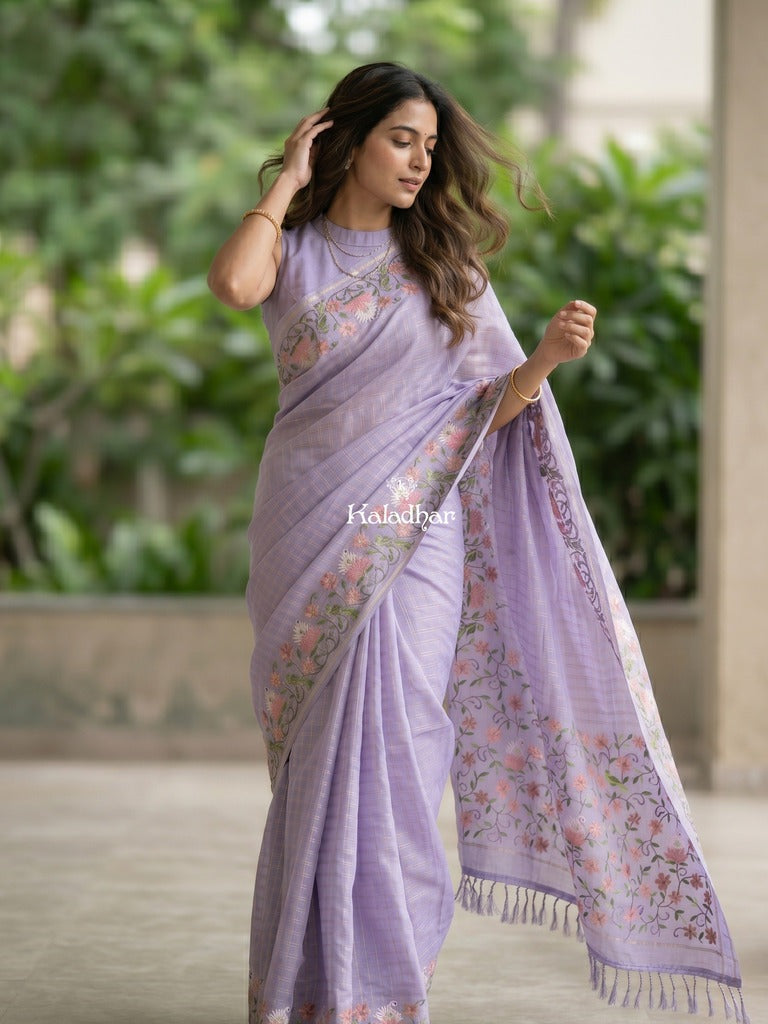 Tussar fancy saree allover checks with embroidery border and attached blouse