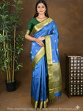 Kanchi pattu saree blue color allover zari motifs & zari border with rich pallu and contrast plain blouse