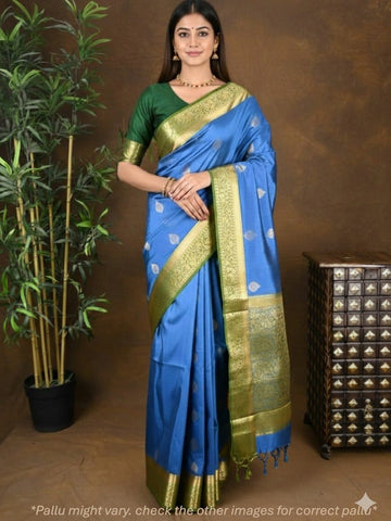 Kanchi pattu saree blue color allover zari motifs & zari border with rich pallu and contrast plain blouse