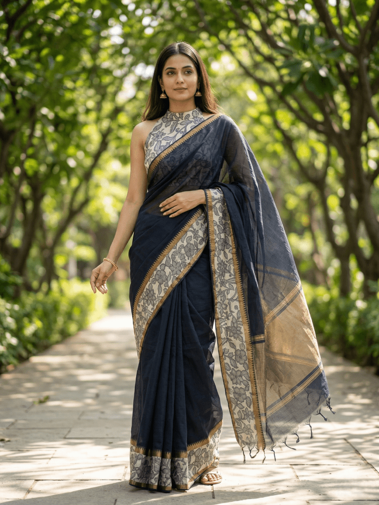 Kalamkari cotton saree with kalamkari border and kalamkari blouse
